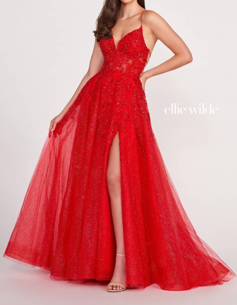 NEW ELLIE WILDE floral lace a-line prom dress in red
